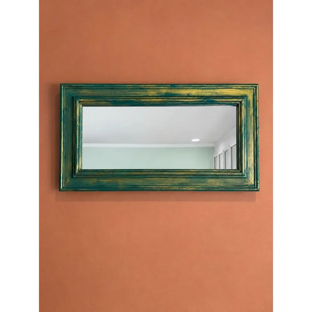Distressed Teal Gold Wood Wall Mirror 19” Boho Eclectic Rectangular Accent Mirro